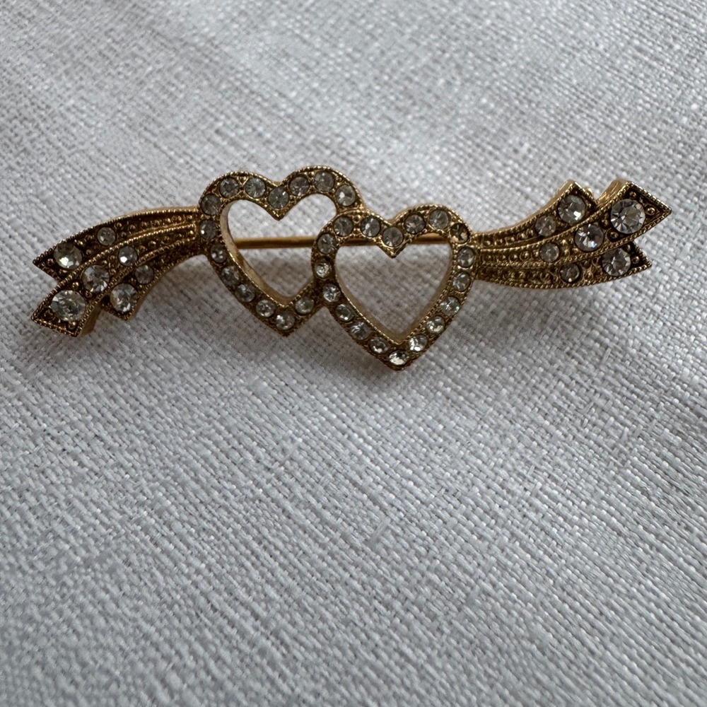 Vintage Y2K Double Heart Brooch Gold Rhinestone Shooting Star Romantic Coquette
